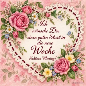 Spitzenherz mit Rosen, Text: Ich wünsche Dir einen guten Start in die neue Woche