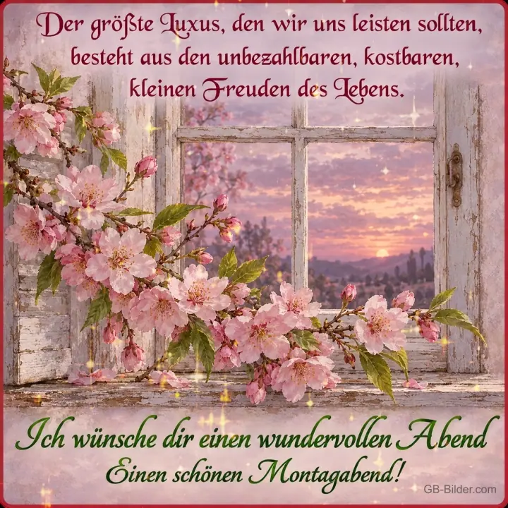 Blütenzweige am Fenster im Abendrot, Spruch: Die kleinen Freuden des Lebens, Einen schönen Montagabend!