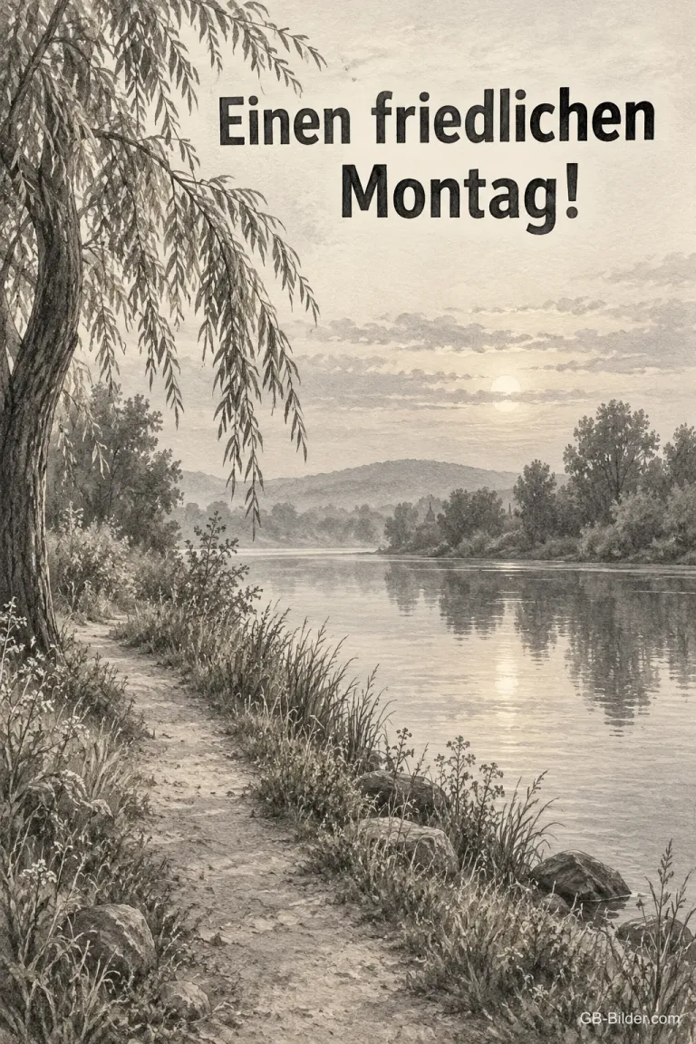 Uferweg mit Trauerweide, Text: Einen friedlichen Montag!