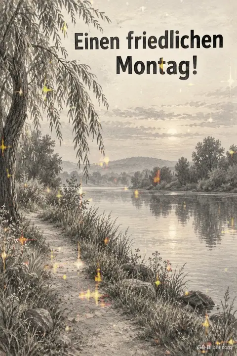 Uferweg mit Trauerweide, Text: Einen friedlichen Montag!