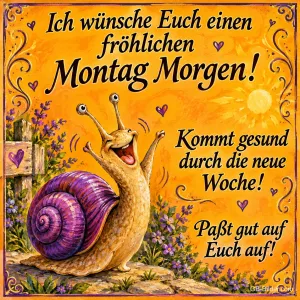Lachende Schnecke mit lila Haus zwischen Blumen, Text: Ich wünsche Euch einen fröhlichen Montag Morgen! Kommt gesund durch die neue Woche! Paßt gut auf Euch auf!