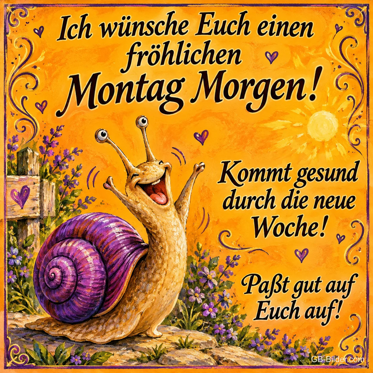 Lachende Schnecke mit lila Haus zwischen Blumen, Text: Ich wünsche Euch einen fröhlichen Montag Morgen! Kommt gesund durch die neue Woche! Paßt gut auf Euch auf! Lachende Schnecke mit lila Haus zwischen Blumen, Text: Ich wünsche Euch einen fröhlichen Montag Morgen! Kommt gesund durch die neue Woche! Paßt gut auf Euch auf!