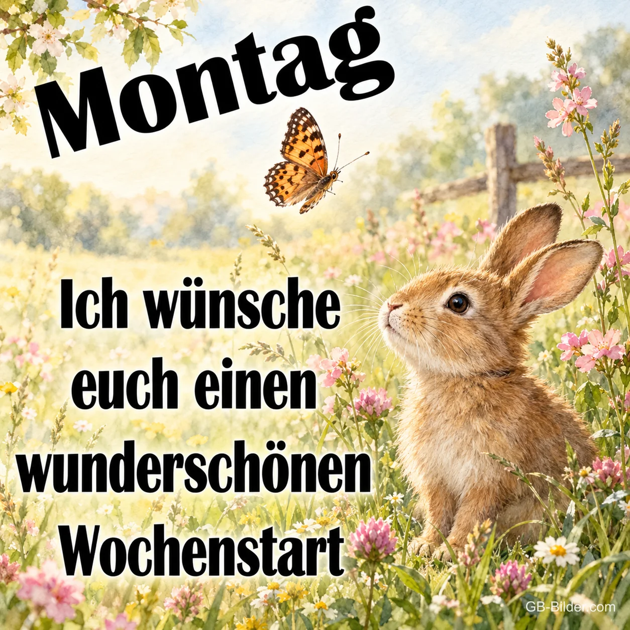 Feldhase mit Schmetterling, Text: Montag