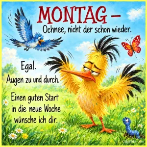 Zerzauster gelber Vogel stolziert mit geschlossenen Augen über die Wiese, Text: MONTAG – Ochnee, nicht der schon wieder. Egal. Augen zu und durch. Einen guten Start in die neue Woche wünsche ich dir.