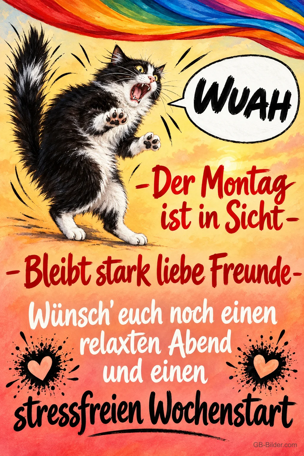 Schwarz-weiße Katze springt erschrocken mit gesträubtem Fell, Text: WUAH – Der Montag ist in Sicht – Bleibt stark liebe Freunde – Wünsch' euch noch einen relaxten Abend und einen stressfreien Wochenstart