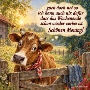 Kuh mit Halstuch am Zaun, Text: 