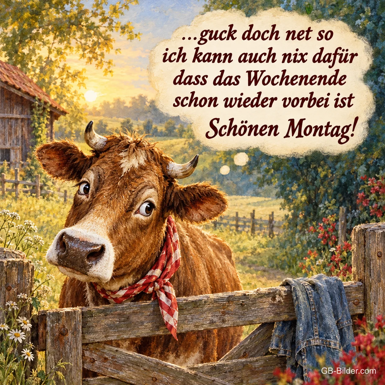 Kuh mit Halstuch am Zaun, Text: 