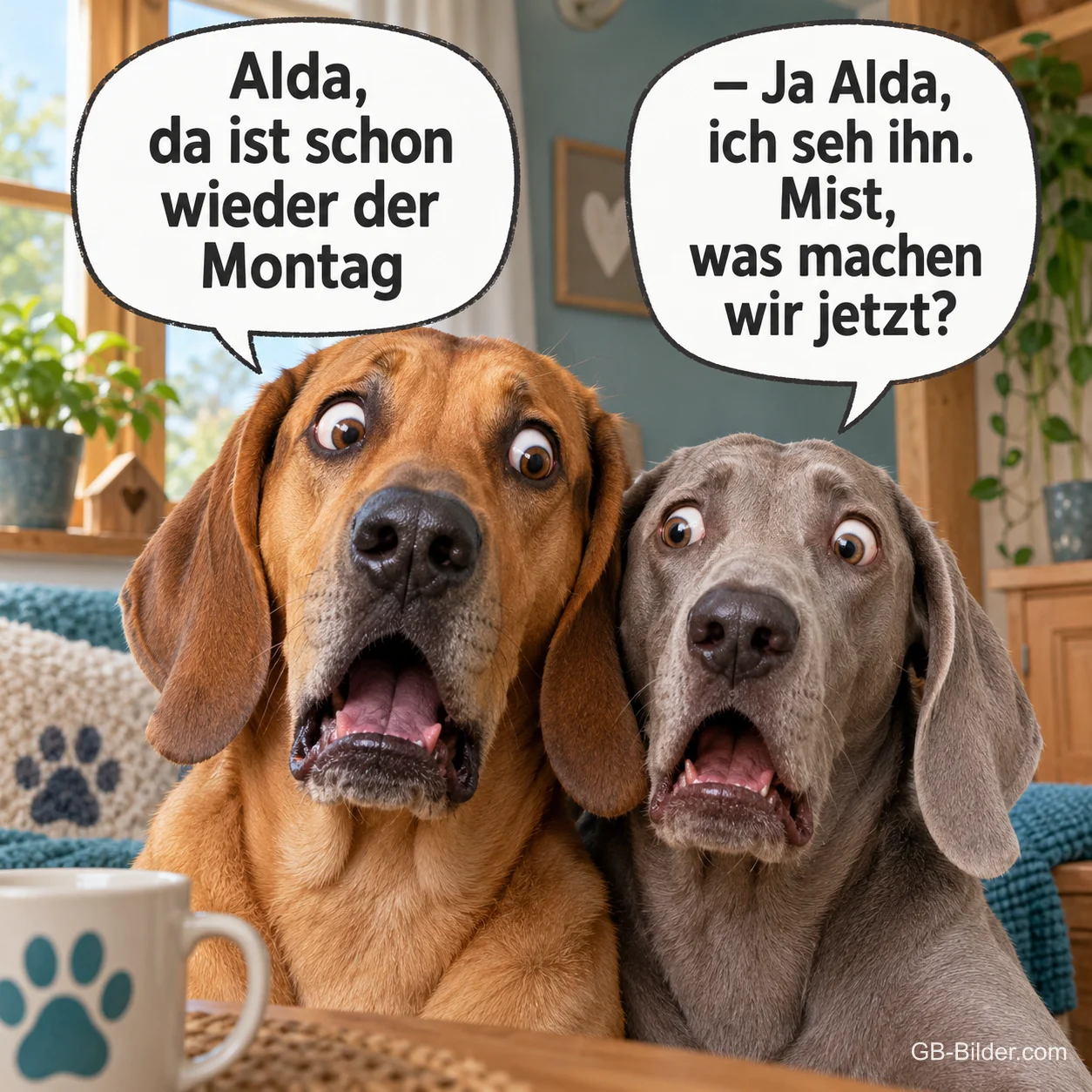 Zwei Hunde schauen erschrocken mit Sprechblasen, Text: Alda, da ist schon wieder der Montag – Ja Alda, ich seh ihn. Mist, was machen wir jetzt?