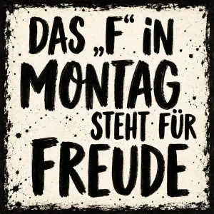 Pinselschrift, lustiger Spruch über den Montag, Text: DAS „F“ IN MONTAG STEHT FÜR FREUDE