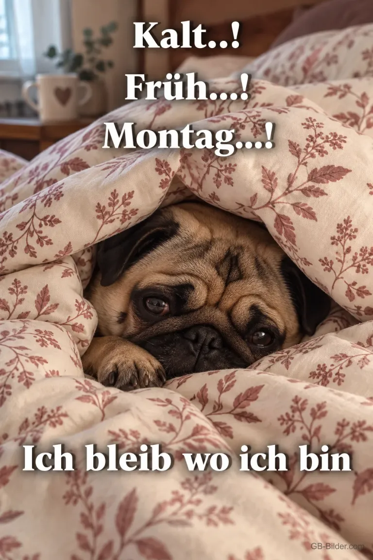 Mops unter der Bettdecke, Text: Kalt