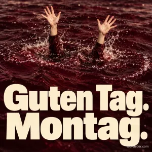 Zwei Hände winken aus dunklem Wasser, Text: Guten Tag. Montag.