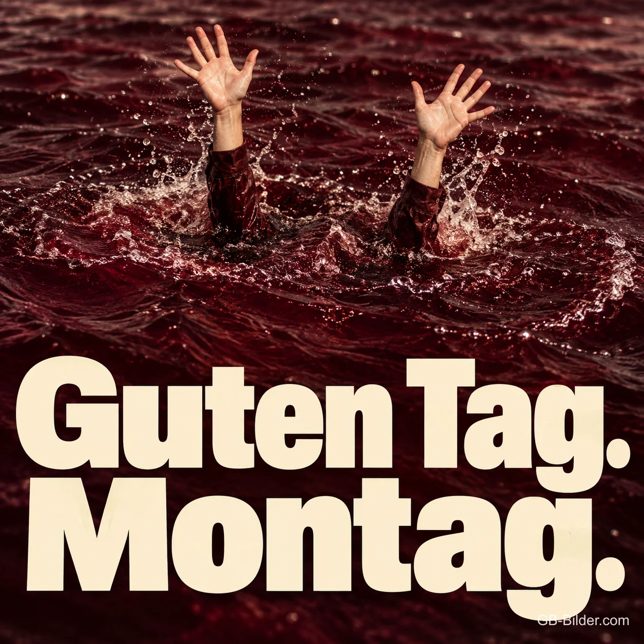 Zwei Hände winken aus dunklem Wasser, Text: Guten Tag. Montag.