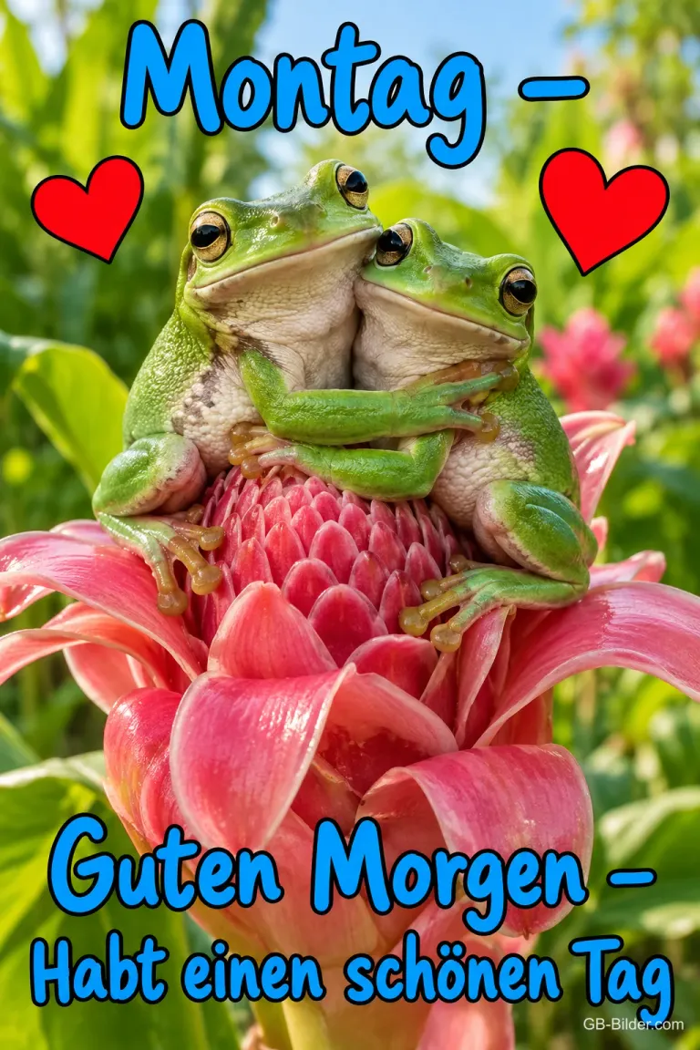 Zwei Laubfrösche kuscheln auf einer Blüte, Text: Montag – Guten Morgen – Habt einen schönen Tag