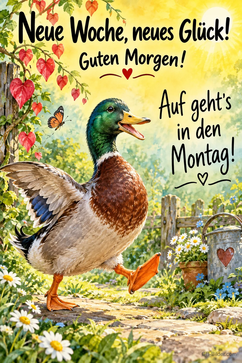 Stockente marschiert fröhlich über einen Gartenweg, Text: Neue Woche, neues Glück! Guten Morgen! Auf geht’s in den Montag! Stockente marschiert fröhlich über einen Gartenweg, Text: Neue Woche, neues Glück! Guten Morgen! Auf geht’s in den Montag!