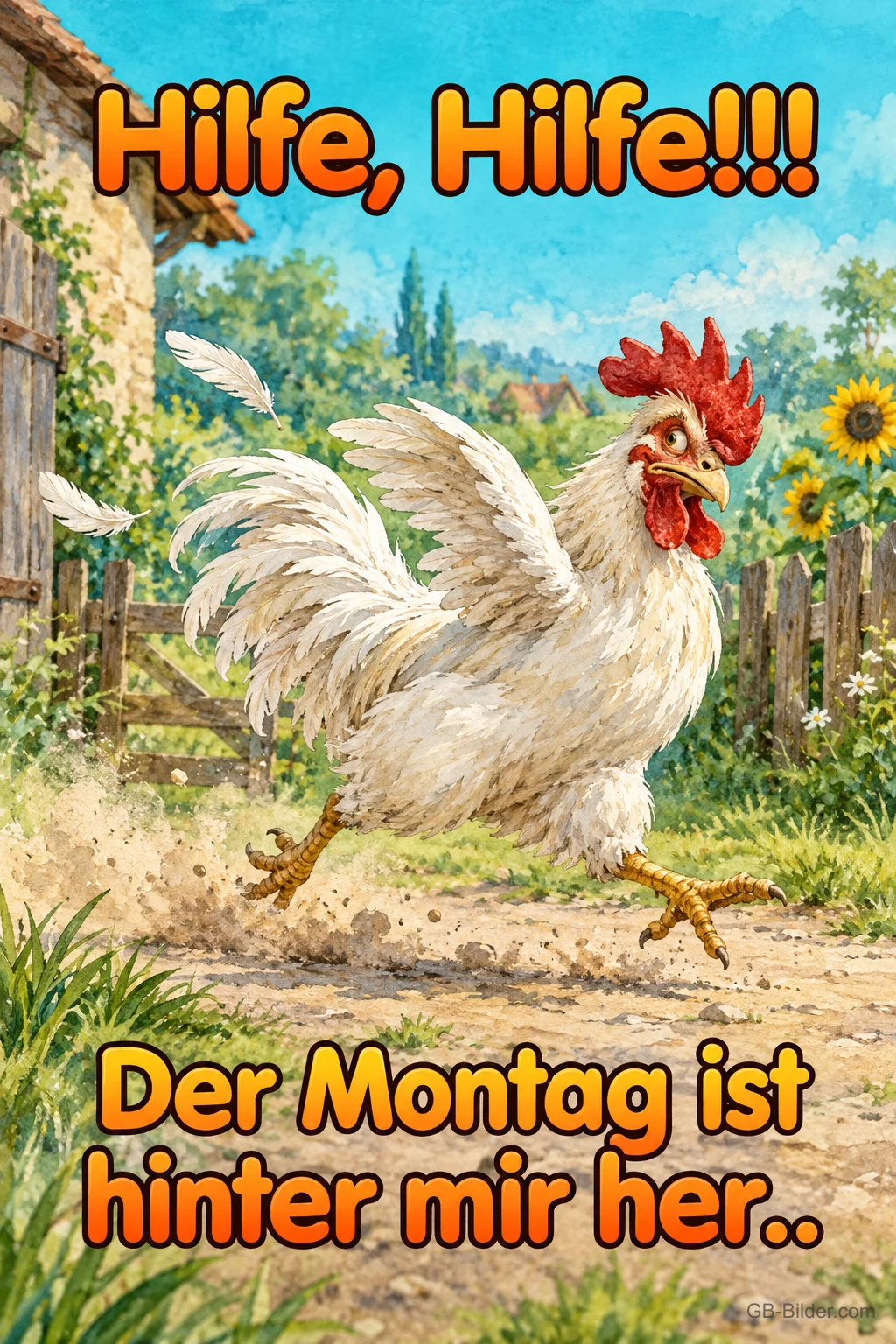 Rennender Hahn, lustiger Spruch, Text: Hilfe, Hilfe