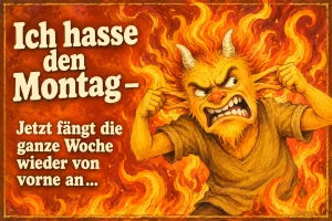 Wütendes Teufelchen hält sich die Ohren zu vor Flammen, Text: Ich hasse den Montag – Jetzt fängt die ganze Woche wieder von vorne an...