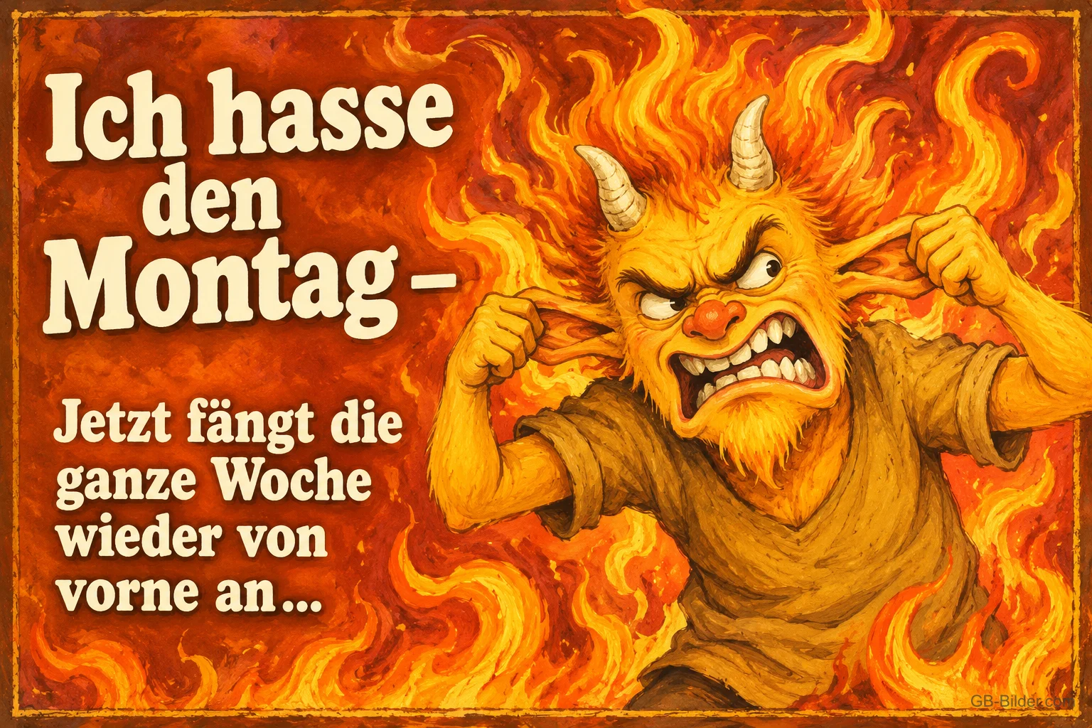 Wütendes Teufelchen hält sich die Ohren zu vor Flammen, Text: Ich hasse den Montag – Jetzt fängt die ganze Woche wieder von vorne an...