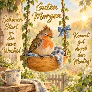Rotkehlchen in einer kleinen Hängeschaukel neben einer Kaffeetasse, Text: Guten Morgen – Schönen Start in die neue Woche! Kommt gut durch den Montag!