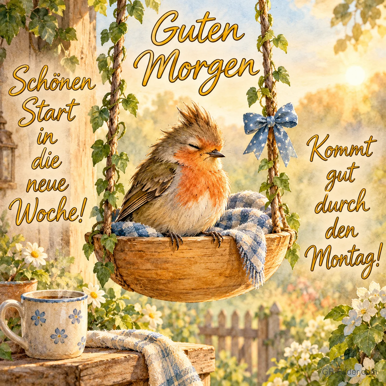 Rotkehlchen in einer kleinen Hängeschaukel neben einer Kaffeetasse, Text: Guten Morgen – Schönen Start in die neue Woche! Kommt gut durch den Montag!