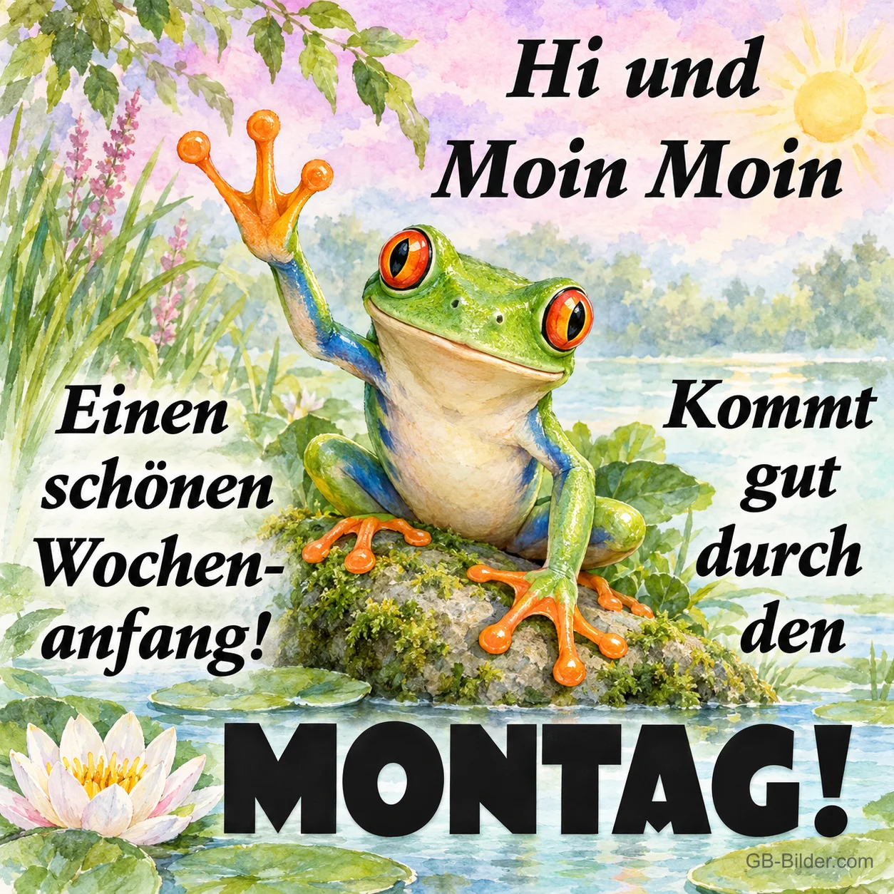 Winkender Laubfrosch auf einem Stein am Seerosenteich, Text: Hi und Moin Moin – Einen schönen Wochenanfang! Kommt gut durch den Montag!