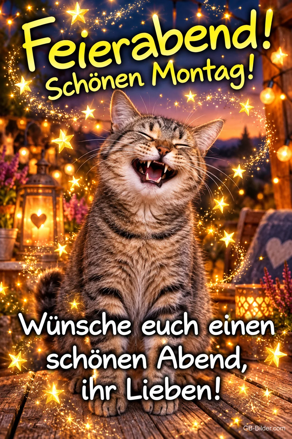 Lachende getigerte Katze zwischen goldenen Lichtern, Text: Feierabend! Schönen Montag! Wünsche euch einen schönen Abend, ihr Lieben!