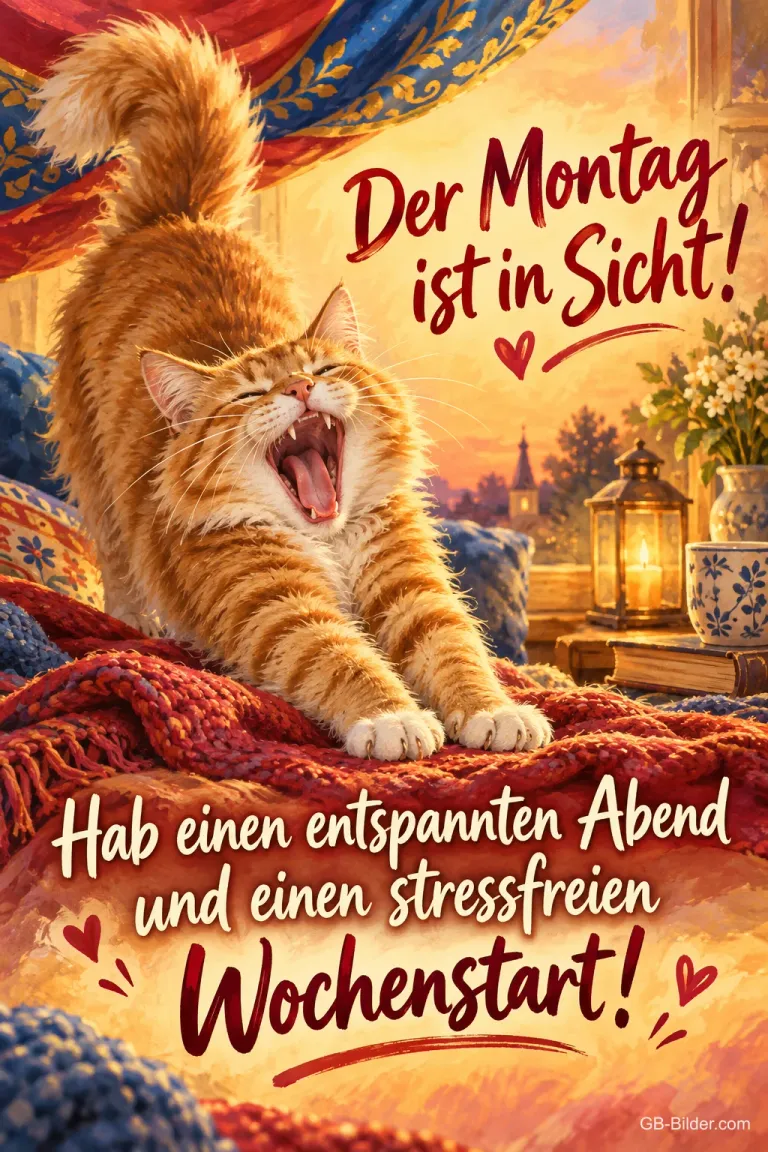 Rote Katze faucht mit Katzenbuckel auf einer Decke, Text: Der Montag ist in Sicht! Hab einen entspannten Abend und einen stressfreien Wochenstart!