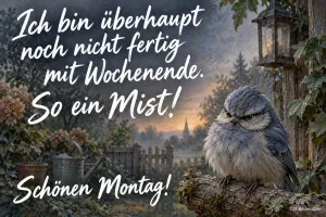 Grimmiger, zerzauster Vogel auf einem Ast im Garten, Text: Ich bin überhaupt noch nicht fertig mit Wochenende. So ein Mist! Schönen Montag!