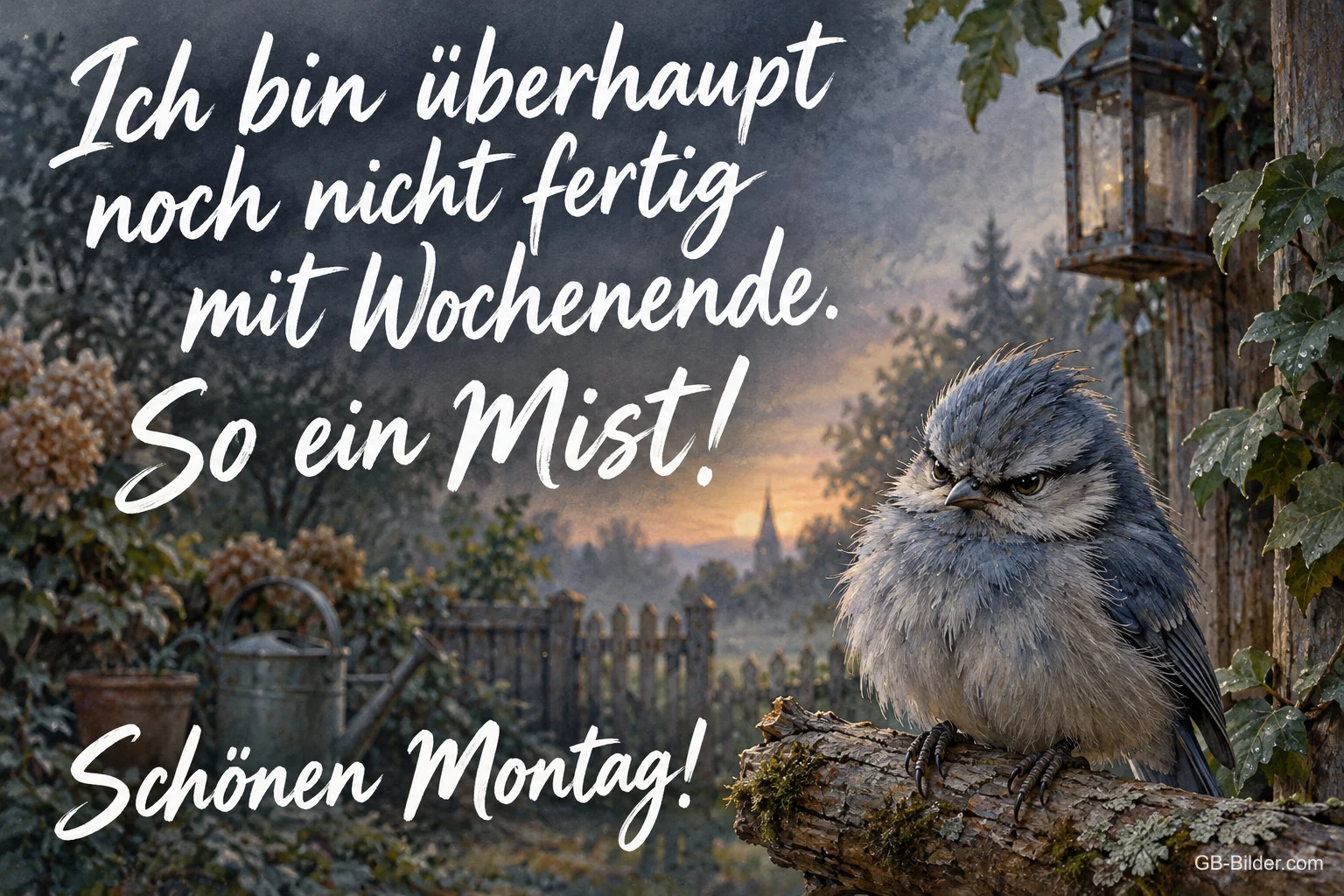 Grimmiger, zerzauster Vogel auf einem Ast im Garten, Text: Ich bin überhaupt noch nicht fertig mit Wochenende. So ein Mist! Schönen Montag!