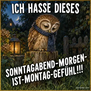 Traurige Eule mit Schal auf einem Baumstumpf am Abend, Text: Ich hasse dieses Sonntagabend-morgen-ist-Montag-Gefühl!!!