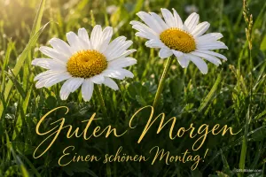 Zwei Gänseblümchen im Gras im Morgenlicht, Text: Guten Morgen – Einen schönen Montag!