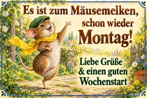Maus mit Mütze und Schal tanzt fröhlich durch den Garten, Text: Es ist zum Mäusemelken, schon wieder Montag! Liebe Grüße & einen guten Wochenstart