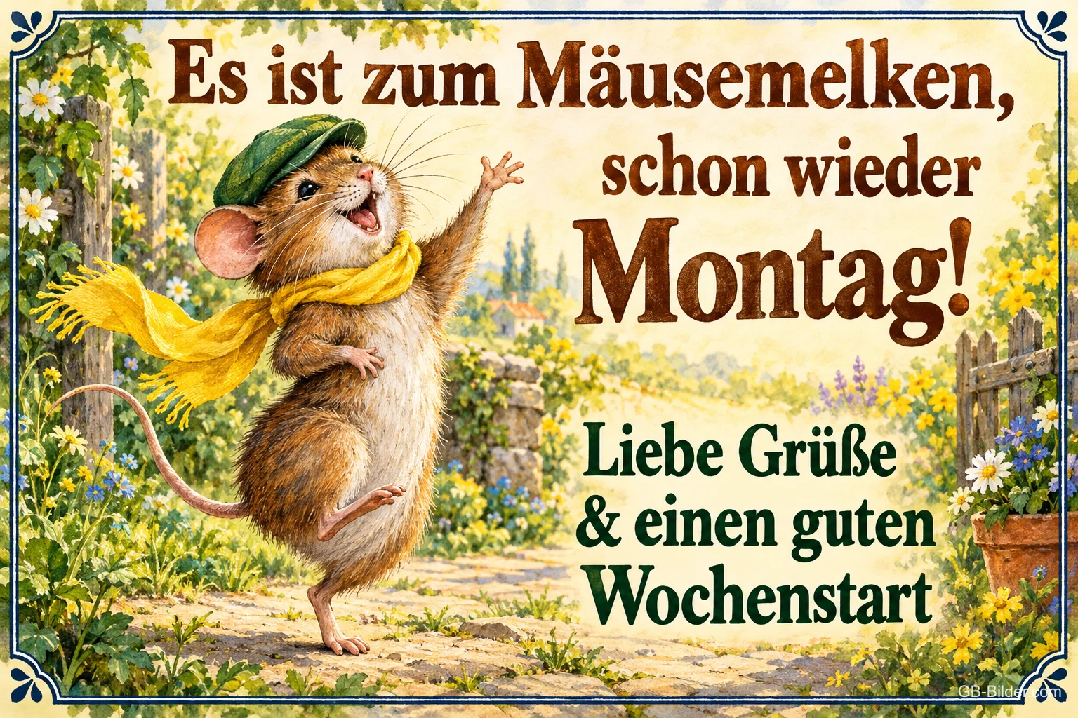 Maus mit Mütze und Schal tanzt fröhlich durch den Garten, Text: Es ist zum Mäusemelken, schon wieder Montag! Liebe Grüße & einen guten Wochenstart
