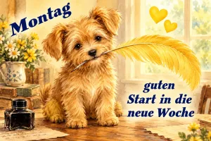 Kleiner Hund mit gelber Schreibfeder im Maul neben einem Tintenfass, Text: Montag – guten Start in die neue Woche
