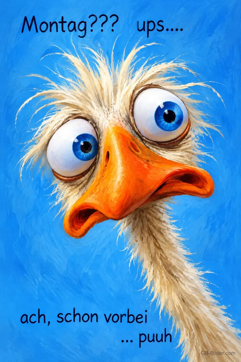 Strauß mit großen Augen schaut verwundert, Text: Montag??? ups…. ach, schon vorbei … puuh