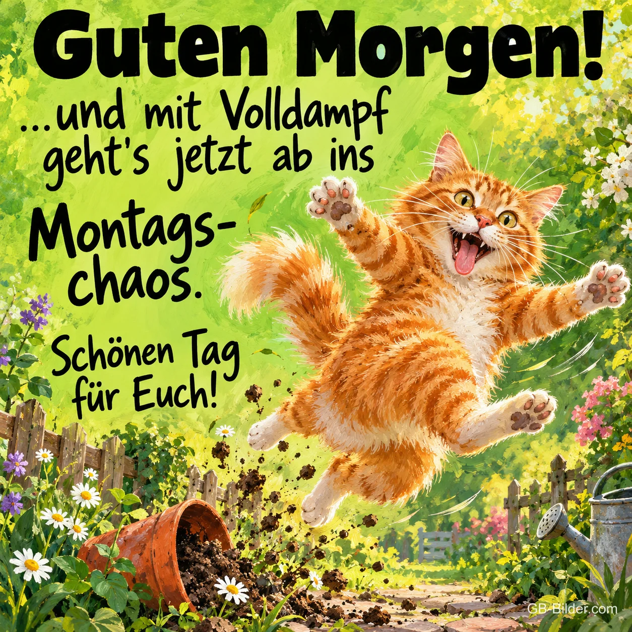 Rote Katze springt über einen umgefallenen Blumentopf, Text: Guten Morgen! ...und mit Volldampf geht's jetzt ab ins Montags-chaos. Schönen Tag für Euch!