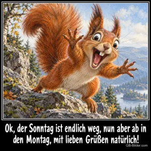 Eichhörnchen springt mit weit aufgerissenen Augen über einen Felsen, Text: Ok, der Sonntag ist endlich weg, nun aber ab in den Montag, mit lieben Grüßen natürlich!