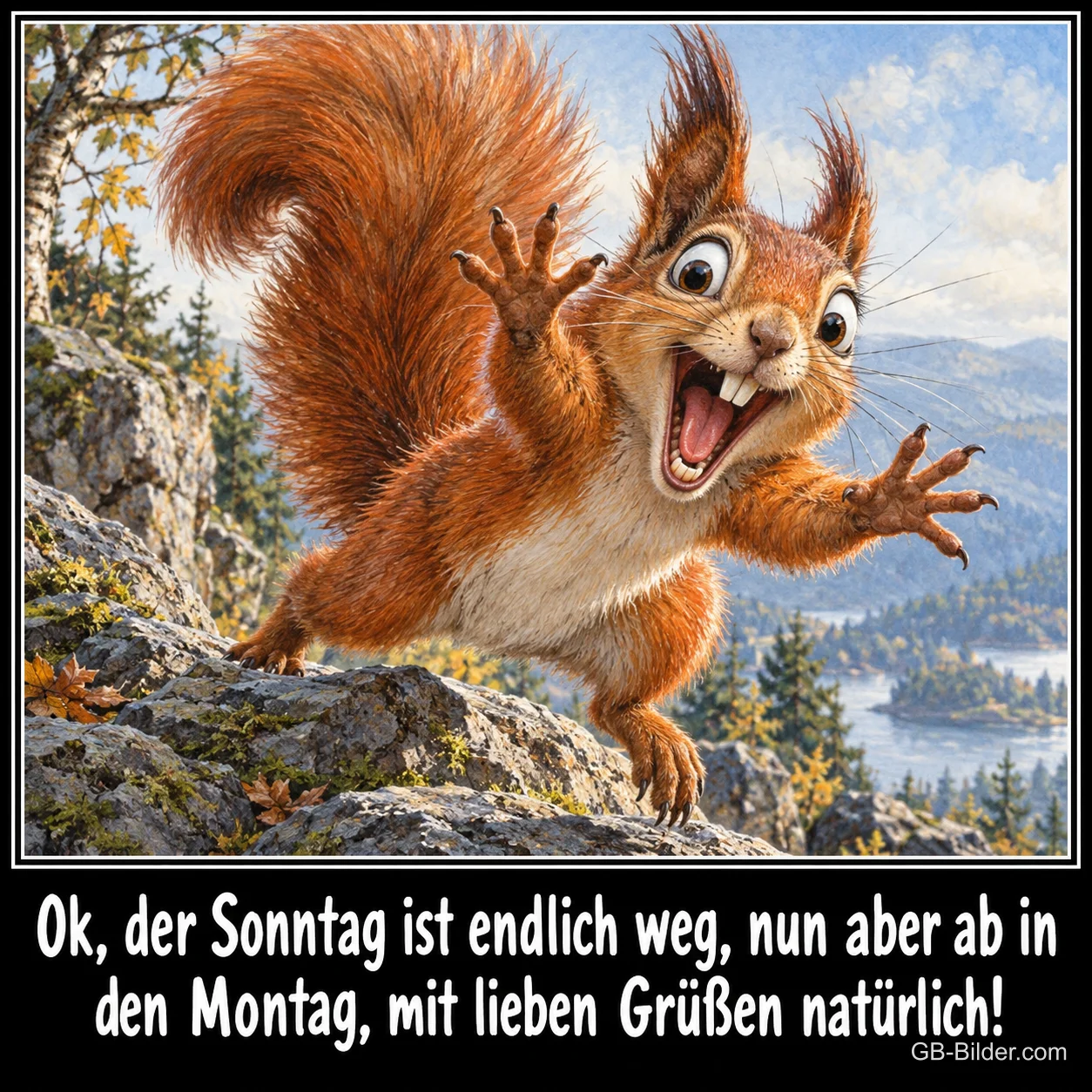 Eichhörnchen springt mit weit aufgerissenen Augen über einen Felsen, Text: Ok, der Sonntag ist endlich weg, nun aber ab in den Montag, mit lieben Grüßen natürlich! Eichhörnchen springt mit weit aufgerissenen Augen über einen Felsen, Text: Ok, der Sonntag ist endlich weg, nun aber ab in den Montag, mit lieben Grüßen natürlich!