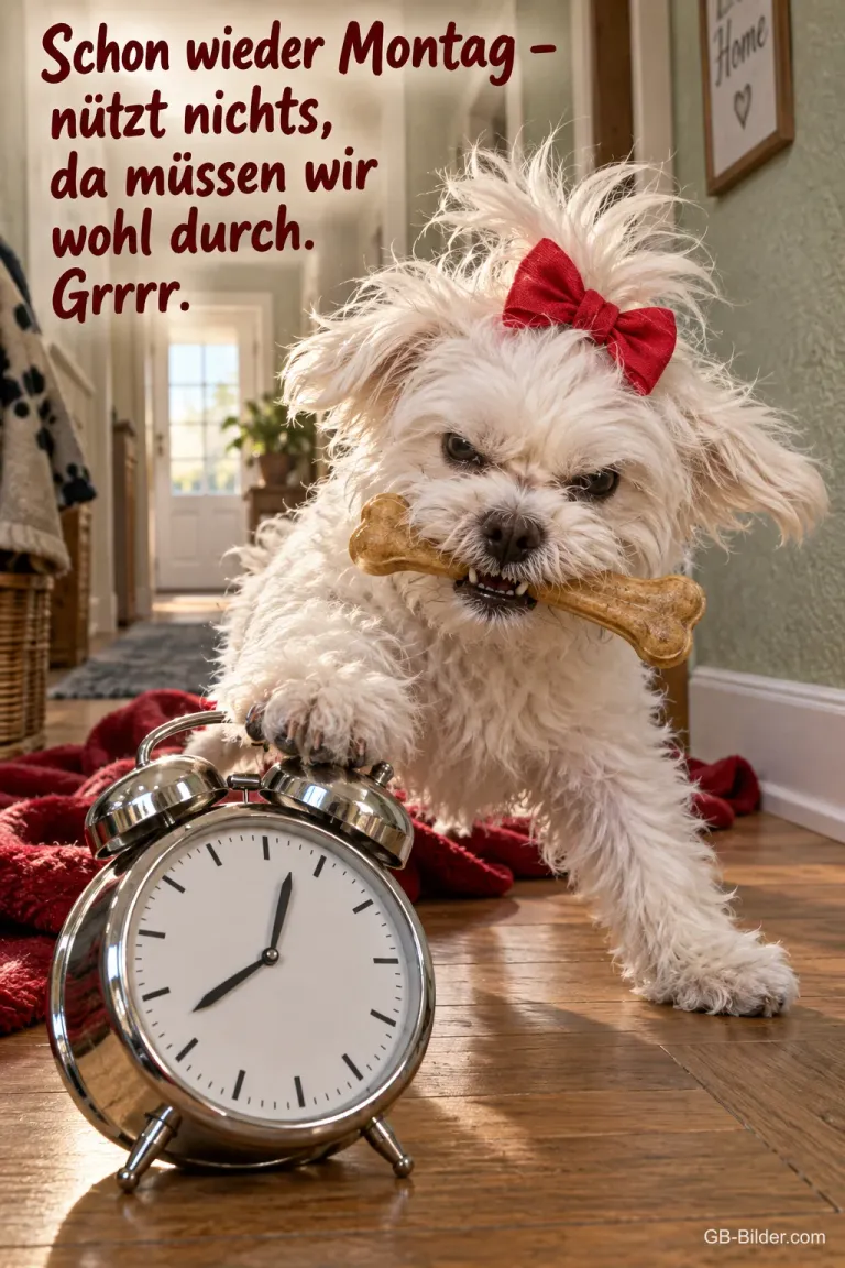 Weißer Hund mit Schleife beißt in einen Knochen über einem Wecker, Text: Schon wieder Montag – nützt nichts, da müssen wir wohl durch. Grrrr.