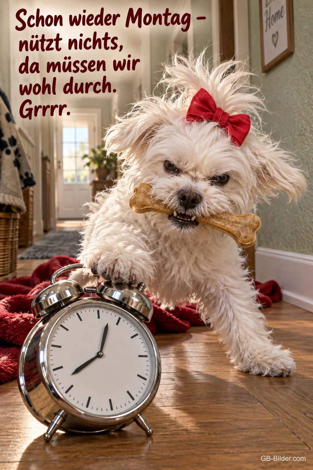 Weißer Hund mit Schleife beißt in einen Knochen über einem Wecker, Text: Schon wieder Montag – nützt nichts, da müssen wir wohl durch. Grrrr.