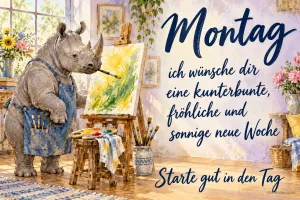 Nashorn mit Schürze malt ein Bild an der Staffelei, Text: Montag – ich wünsche dir eine kunterbunte, fröhliche und sonnige neue Woche. Starte gut in den Tag