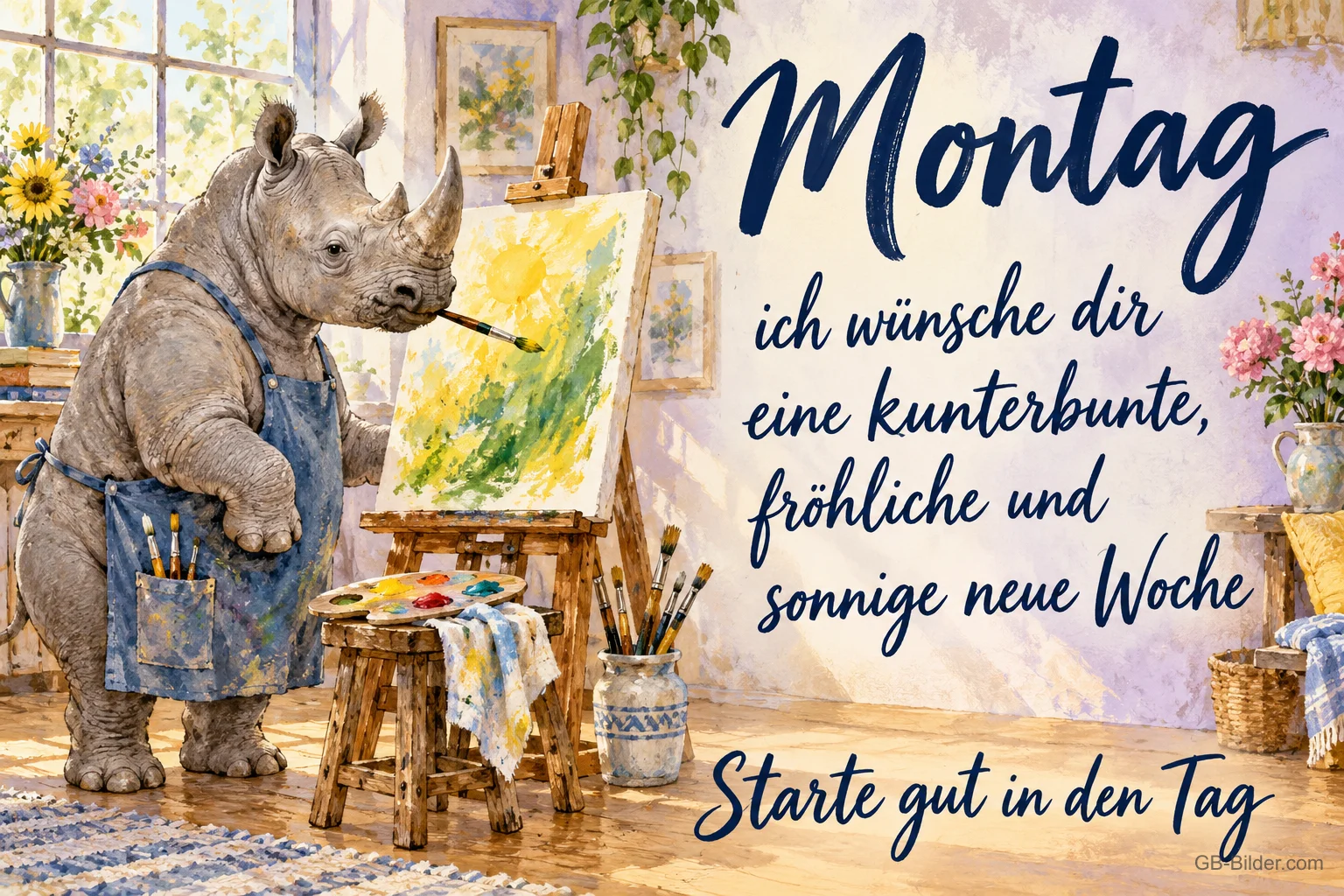 Nashorn mit Schürze malt ein Bild an der Staffelei, Text: Montag – ich wünsche dir eine kunterbunte, fröhliche und sonnige neue Woche. Starte gut in den Tag