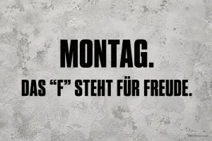 Schwarzer Spruch auf hellgrauer Steinoberfläche, Text: MONTAG. Das „F“ steht für Freude.