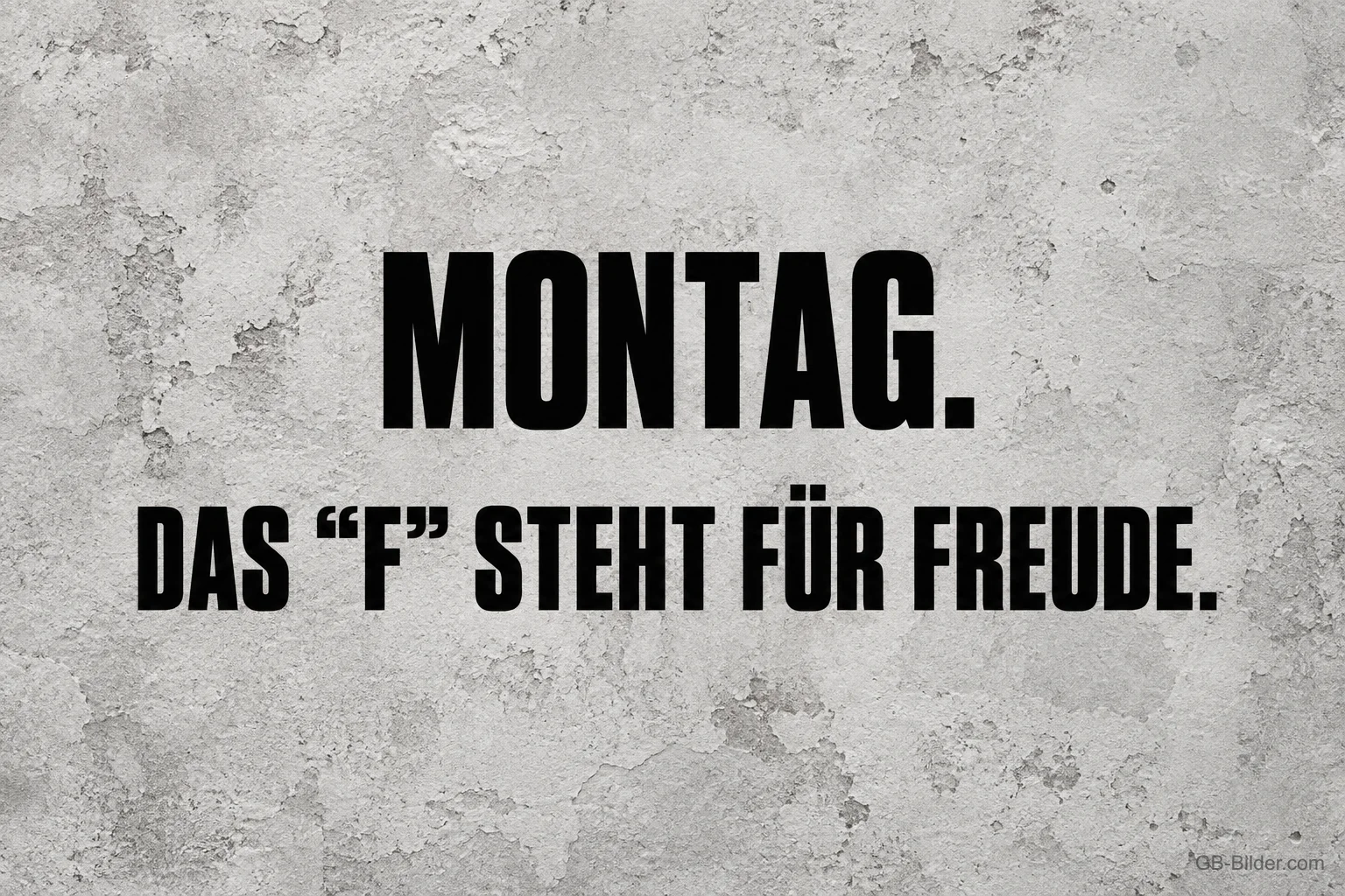 Schwarzer Spruch auf hellgrauer Steinoberfläche, Text: MONTAG. Das „F“ steht für Freude.