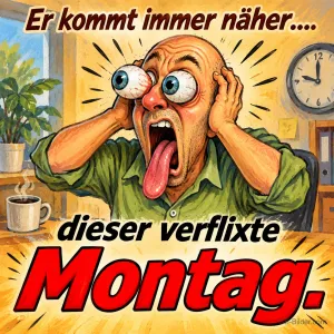 Mann mit herausquellenden Augen und Zunge hält sich den Kopf, Text: Er kommt immer näher…. dieser verflixte Montag.