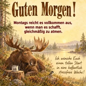 Elch liegt müde am Seeufer neben einer Tasse, Text: Guten Morgen! Montags reicht es vollkommen aus, wenn man es schafft, gleichmäßig zu atmen. Ich wünsche Euch einen tollen Start in eine hoffentlich stressfreie Woche!