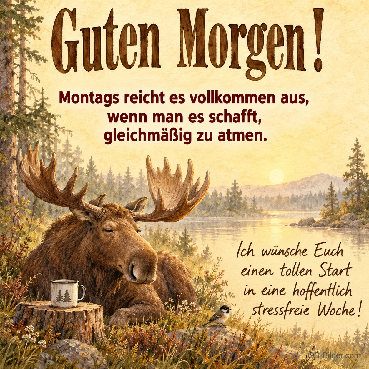 Elch liegt müde am Seeufer neben einer Tasse, Text: Guten Morgen! Montags reicht es vollkommen aus, wenn man es schafft, gleichmäßig zu atmen. Ich wünsche Euch einen tollen Start in eine hoffentlich stressfreie Woche!
