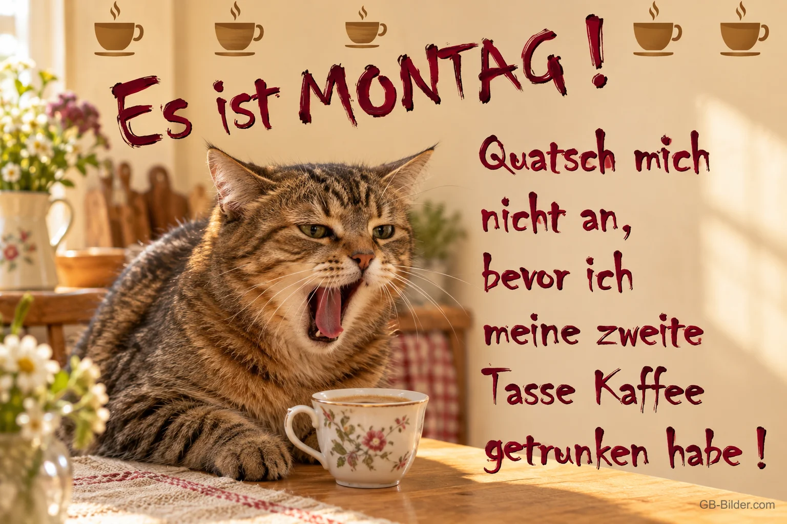 Getigerte Katze faucht neben einer Kaffeetasse am Küchentisch, Text: Es ist MONTAG! Quatsch mich nicht an, bevor ich meine zweite Tasse Kaffee getrunken habe!