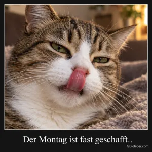 Getigerte Katze leckt sich zufrieden die Nase, Text: Der Montag ist fast geschafft..