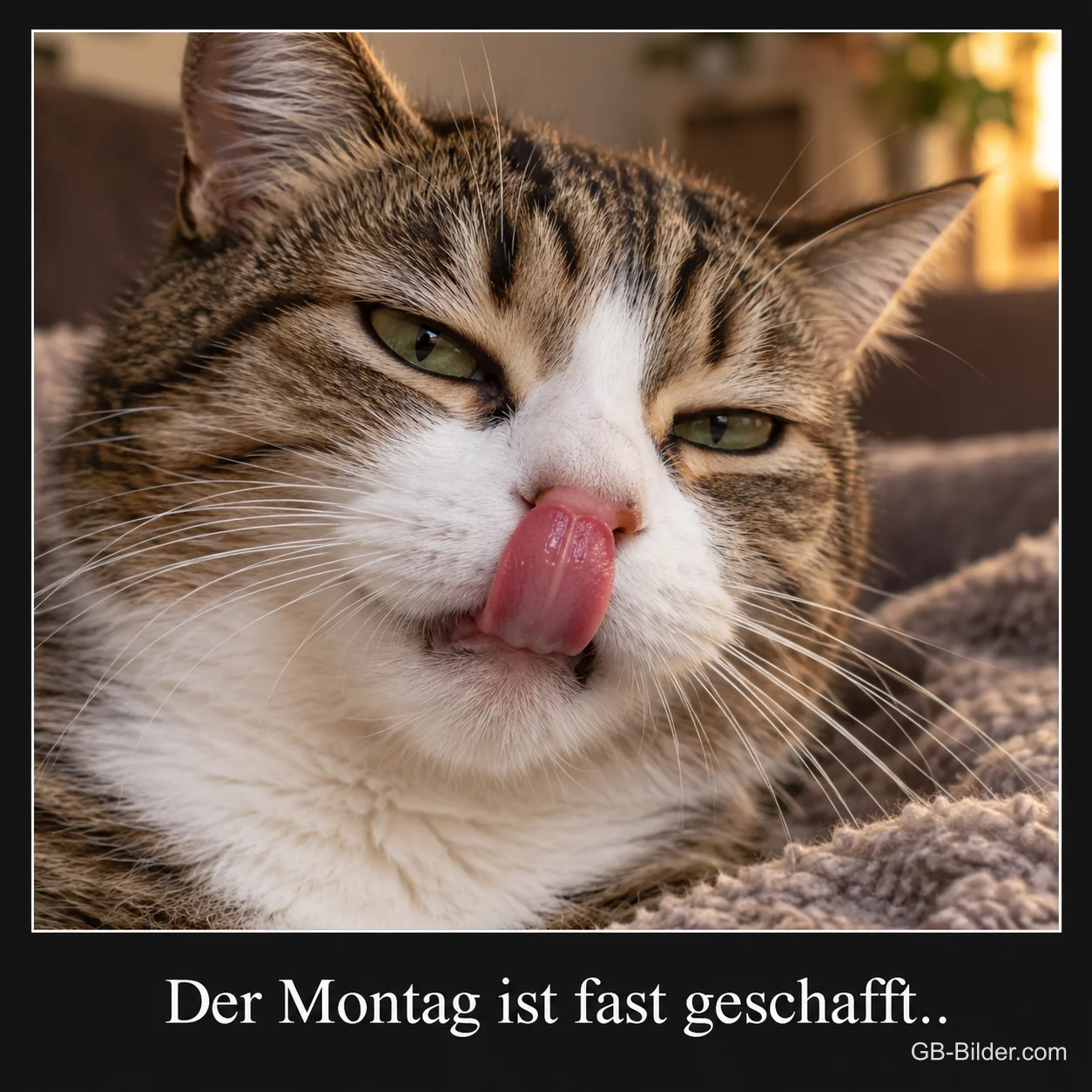 Getigerte Katze leckt sich zufrieden die Nase, Text: Der Montag ist fast geschafft..