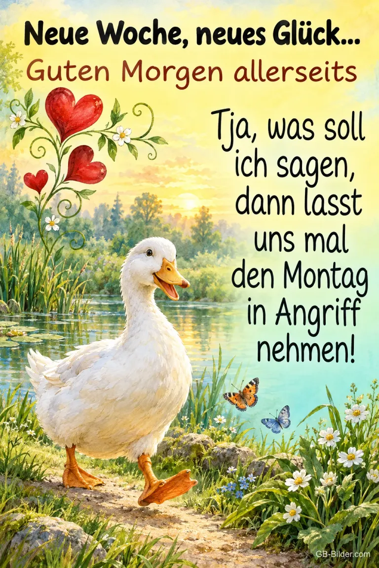 Ente am Uferweg, Text: Neue Woche, neues Glück